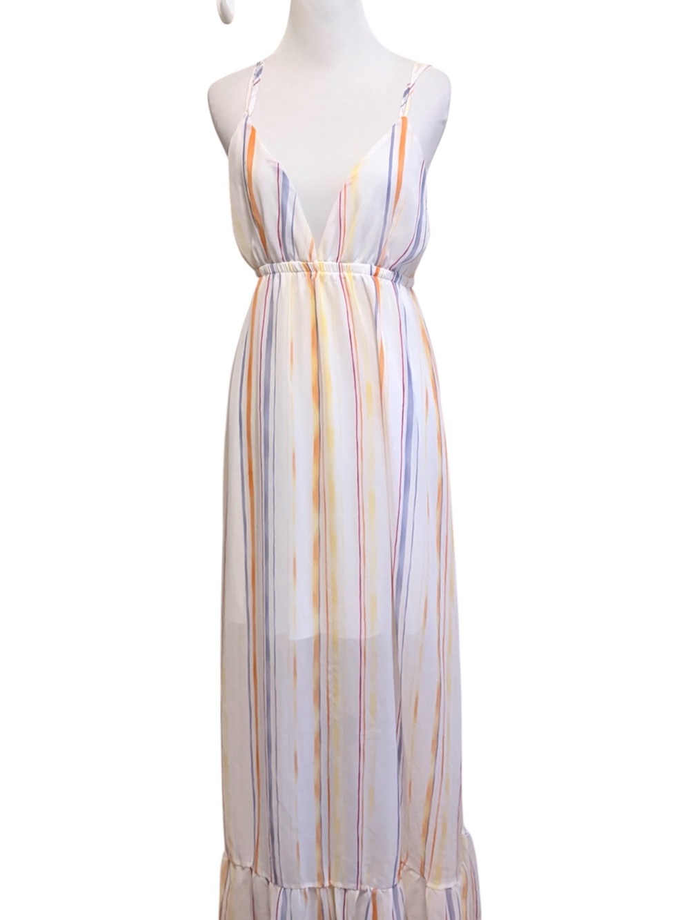 Charlotte Russe small White Striped Spaghetti Strap Ruffle Hem Maxi Dres